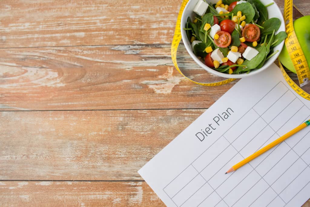 a diet plan on a wood table.
