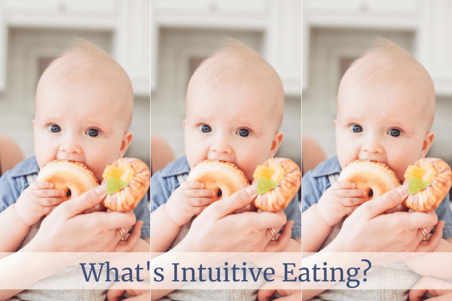 A baby showing how he is intuitively choosing to eat a bagel over a clementine.  The words "What's Intuitive Eating" are written over the photo.