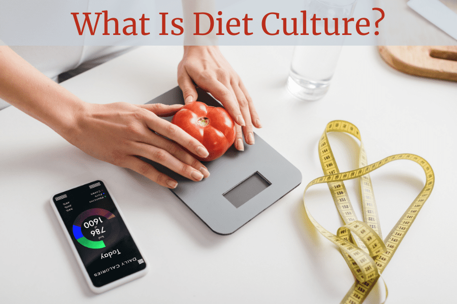 what is diet culture overlay on image with food scale.